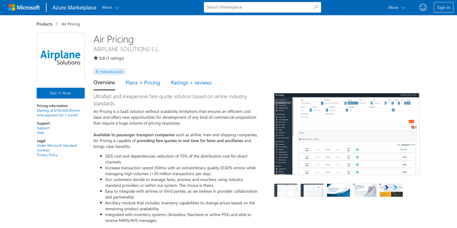 Air Pricing Azure Marketplace.